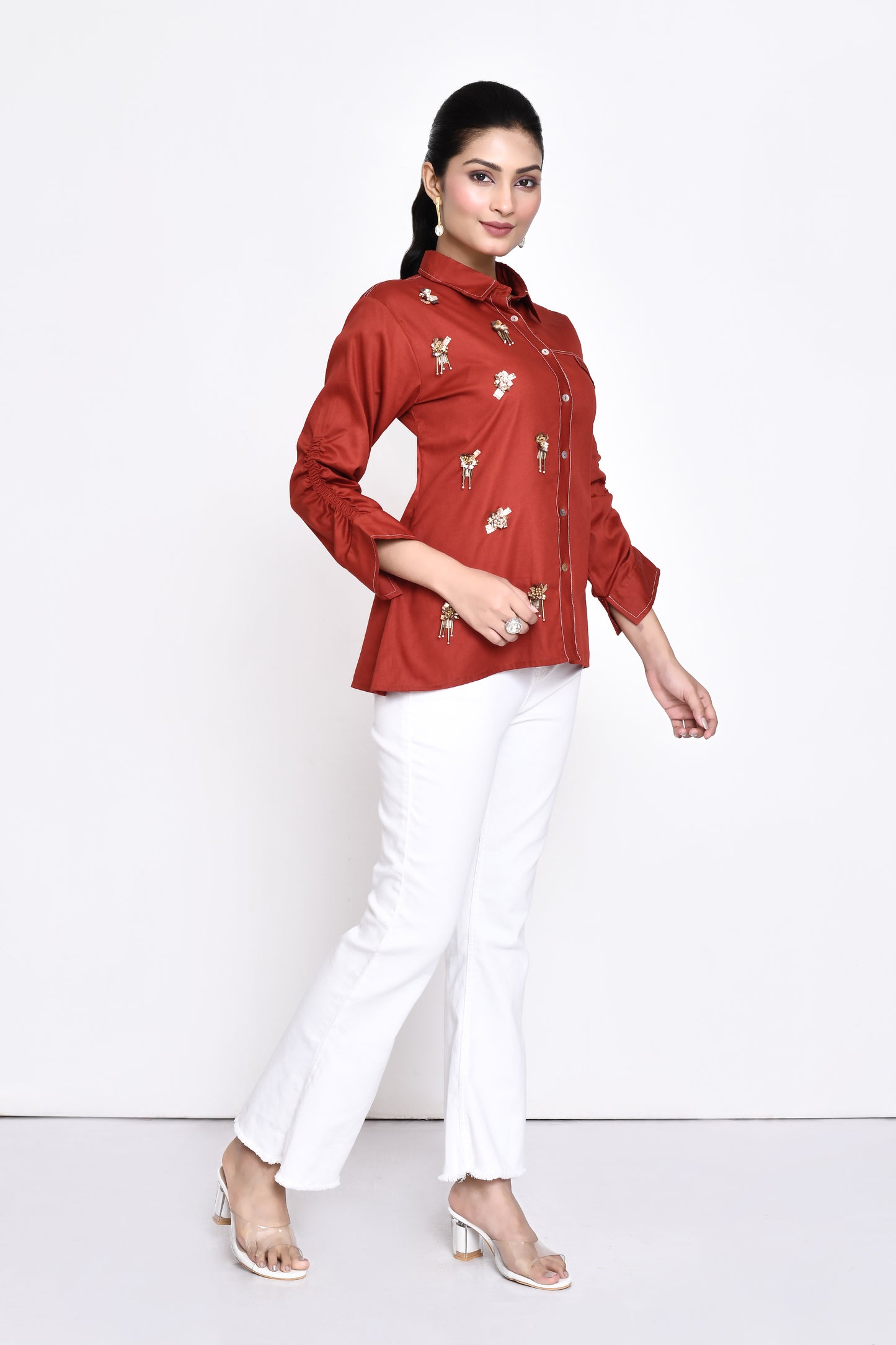 Rust Cotton Embellished Shirt