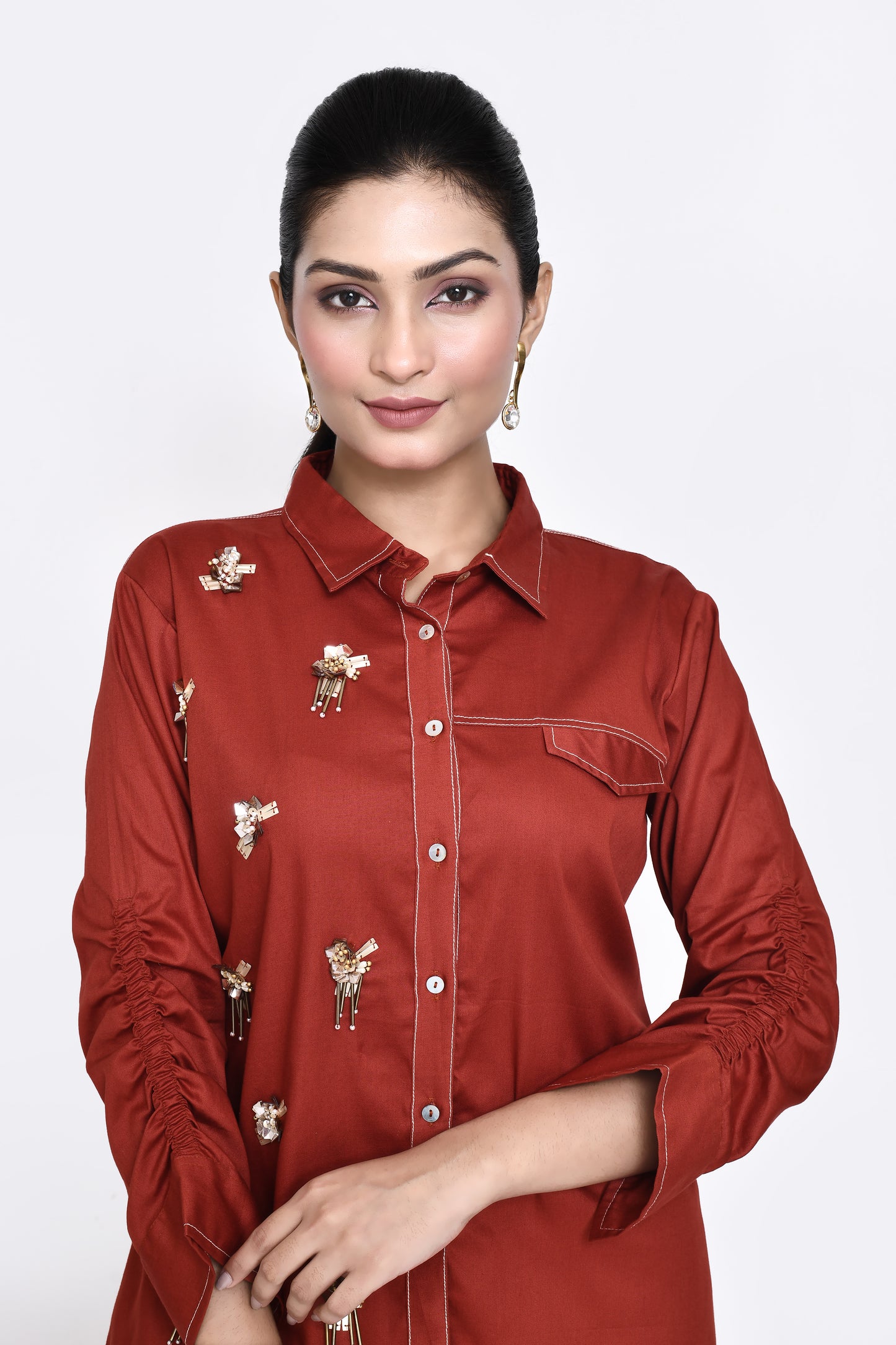 Rust Cotton Embellished Shirt