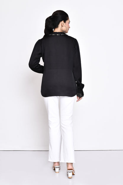 Black Hand Embellished Collar and Cuffs Shirt