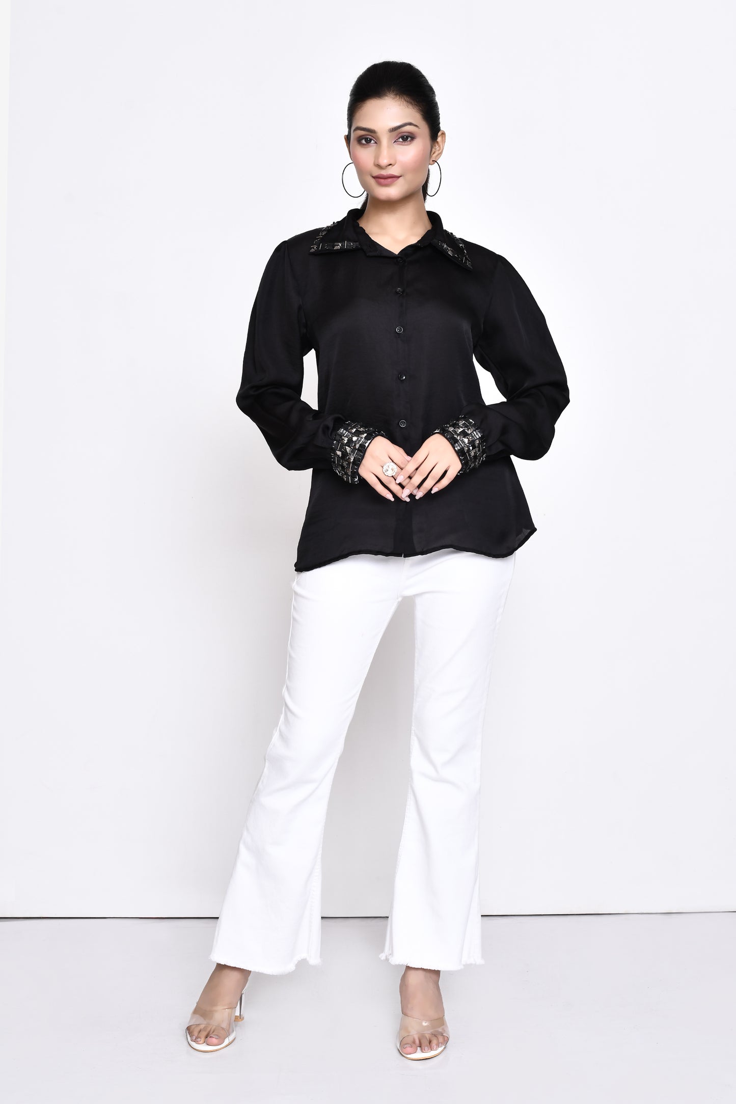Black Hand Embellished Collar and Cuffs Shirt
