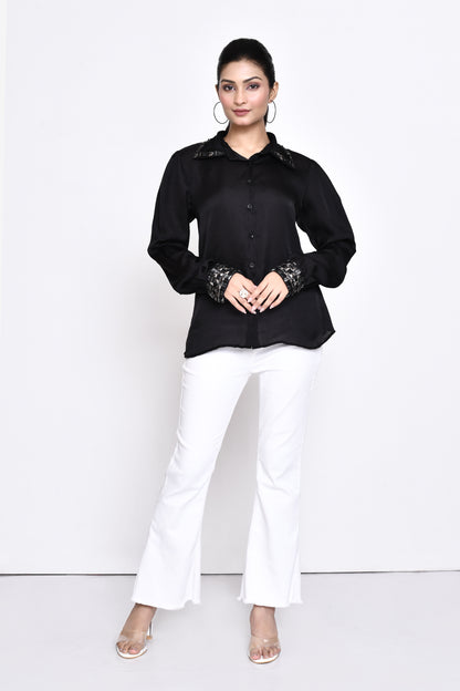 Black Hand Embellished Collar and Cuffs Shirt