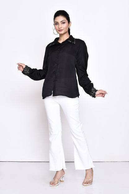 Black Hand Embellished Collar and Cuffs Shirt