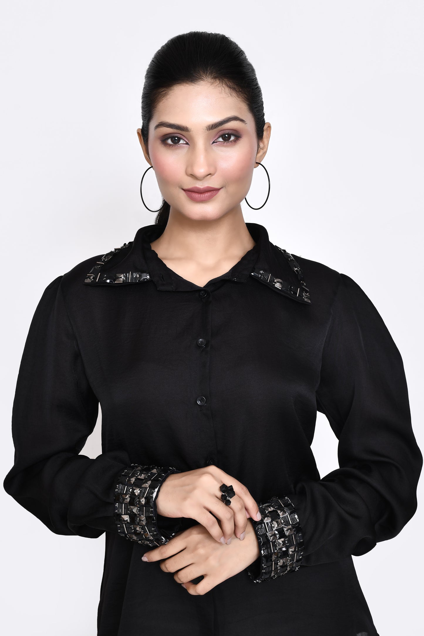 Black Hand Embellished Collar and Cuffs Shirt