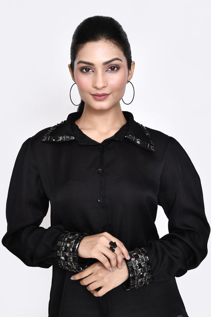 Black Hand Embellished Collar and Cuffs Shirt