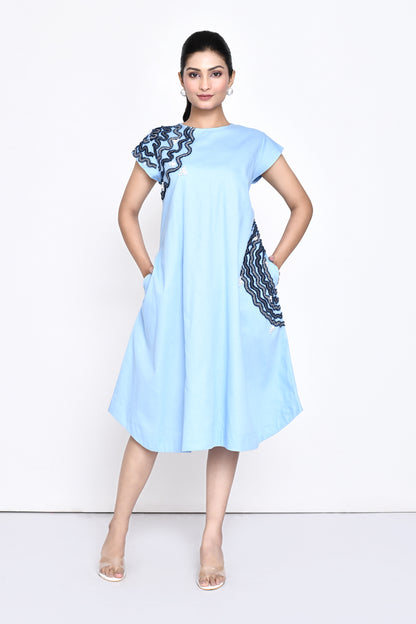 Sky Blue Cotton Embellished Dress