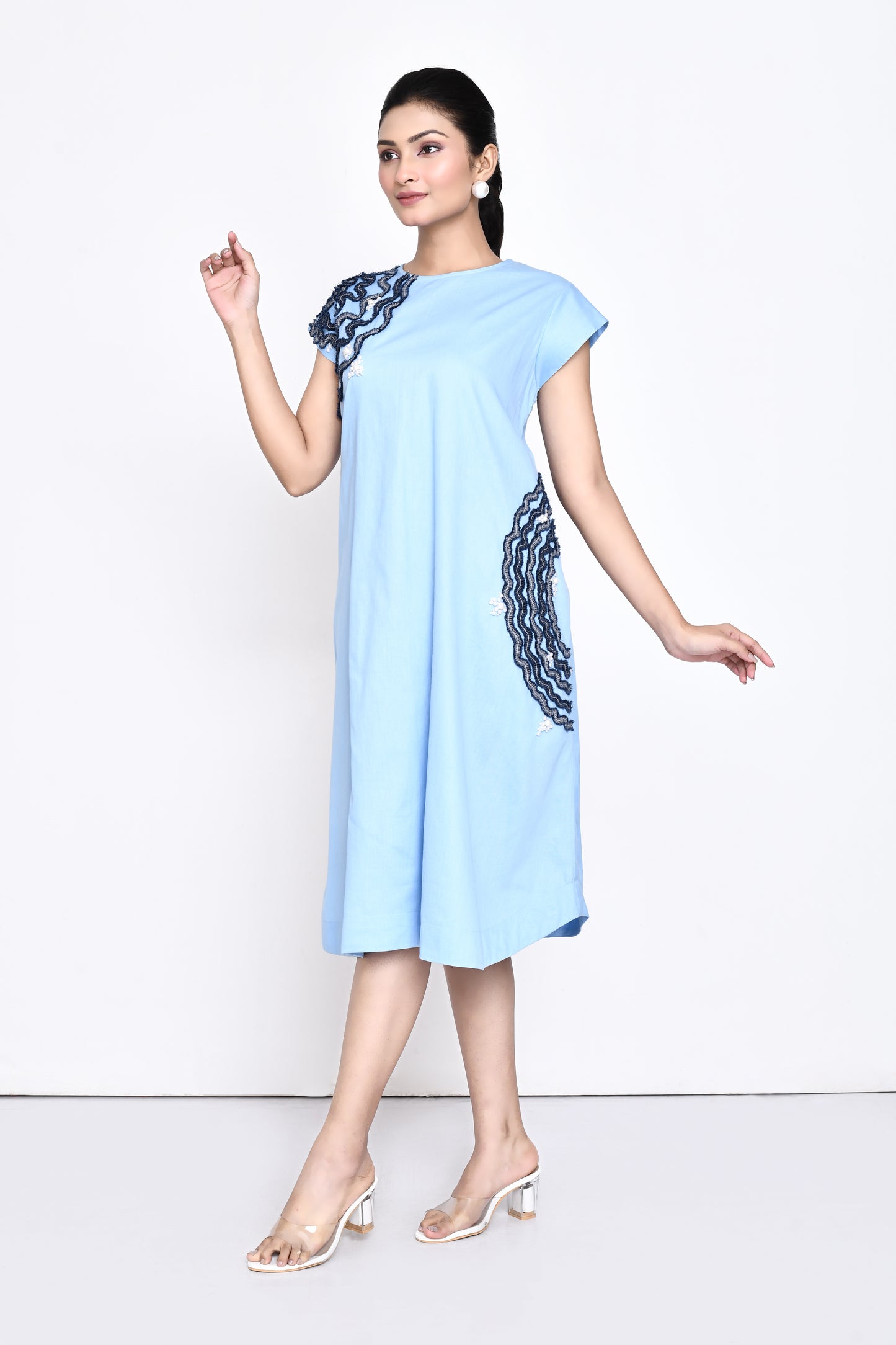 Sky Blue Cotton Embellished Dress