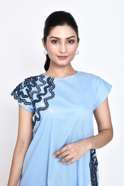 Sky Blue Cotton Embellished Dress