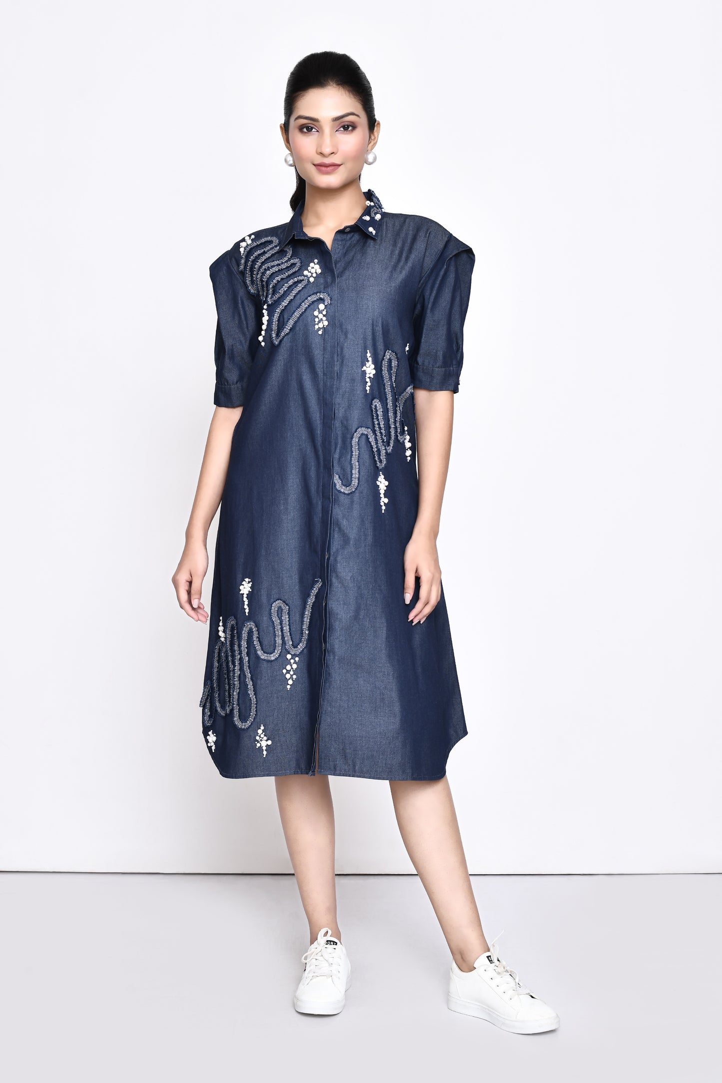 Navy Denim Embellished Dress