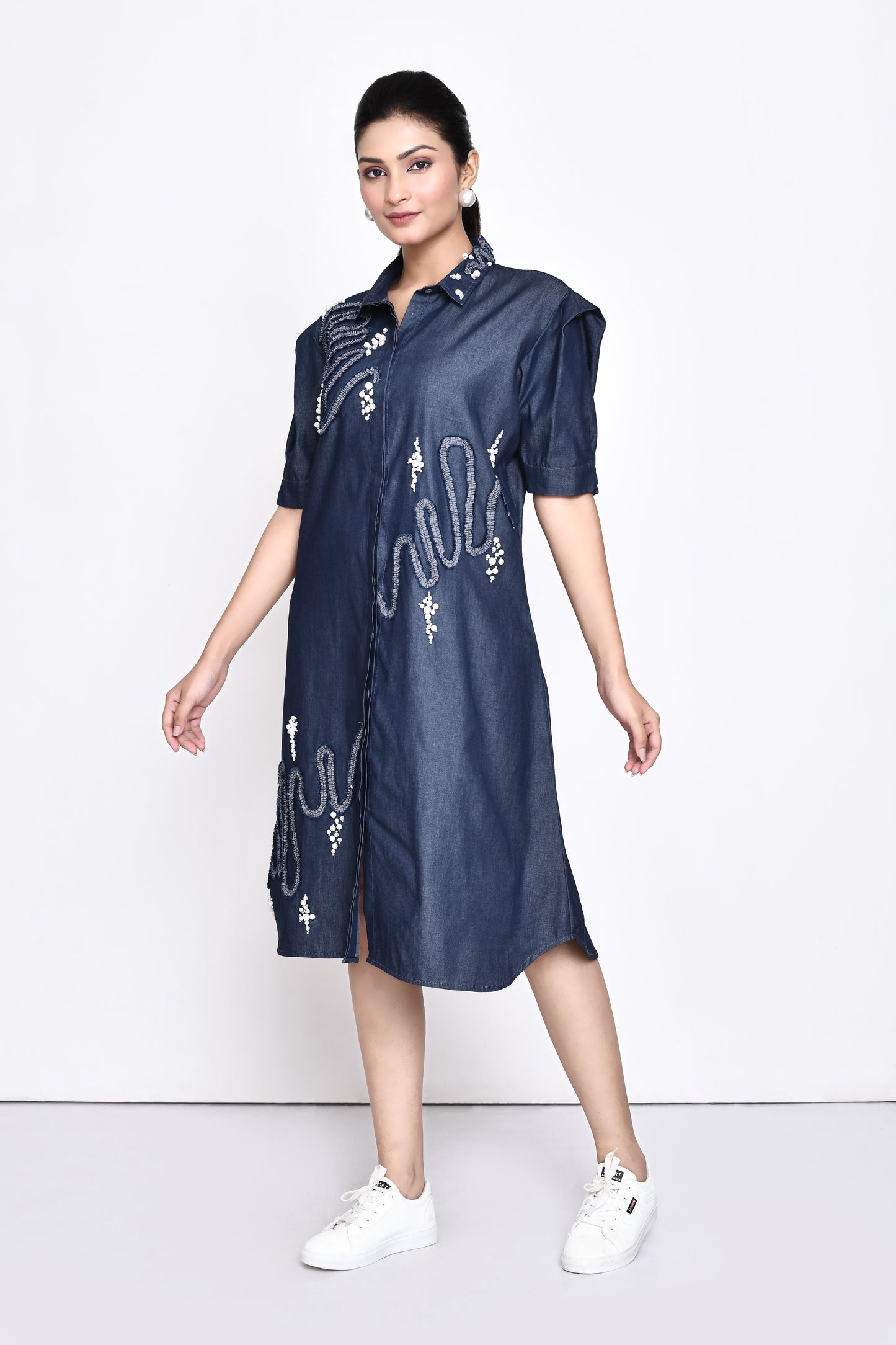 Navy Denim Embellished Dress