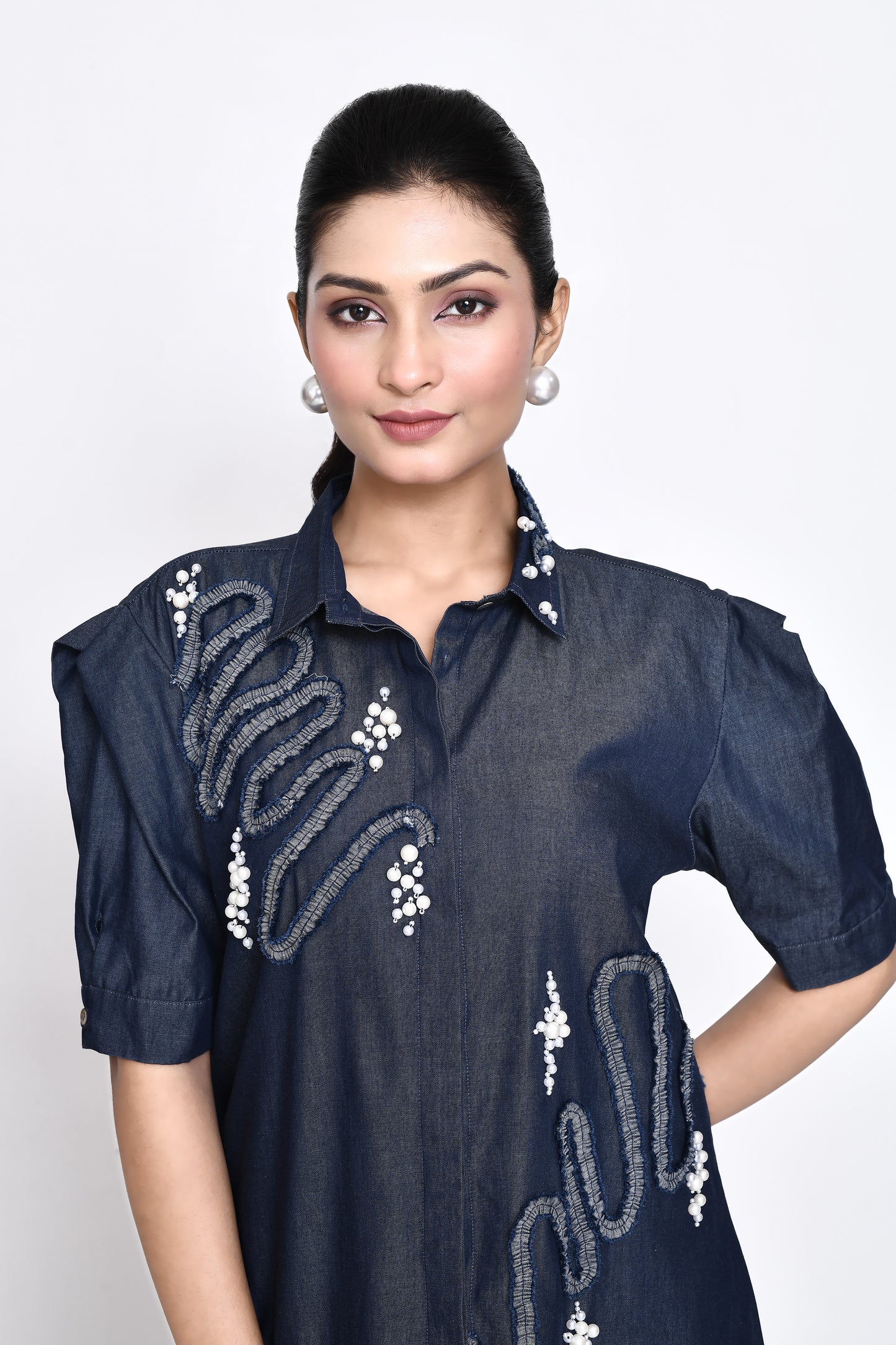 Navy Denim Embellished Dress