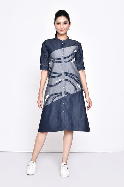 Denim Panelled Embellished Dress
