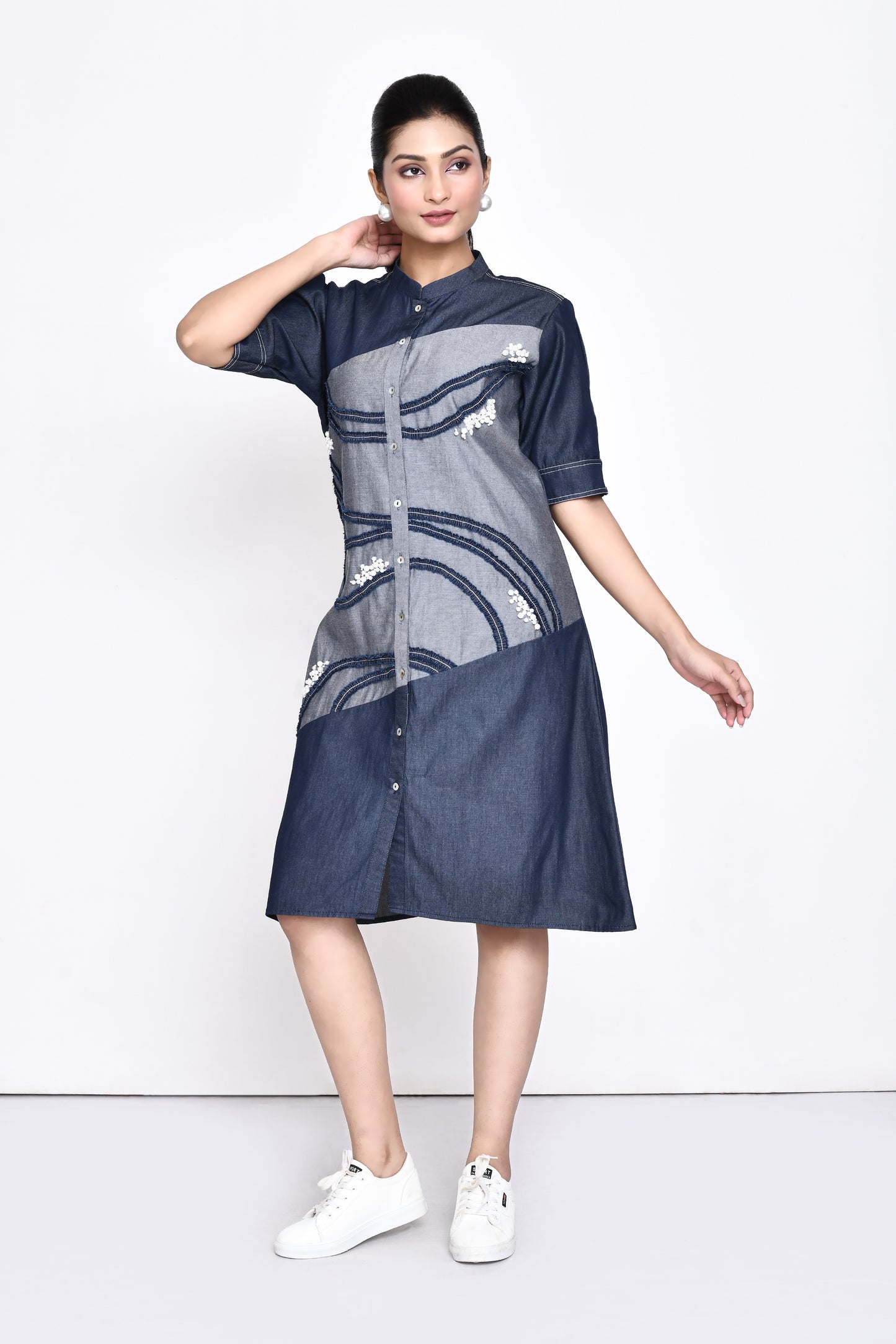 Denim Panelled Embellished Dress