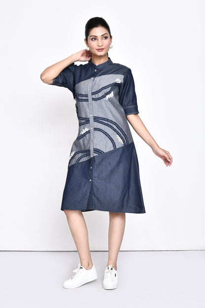 Denim Panelled Embellished Dress