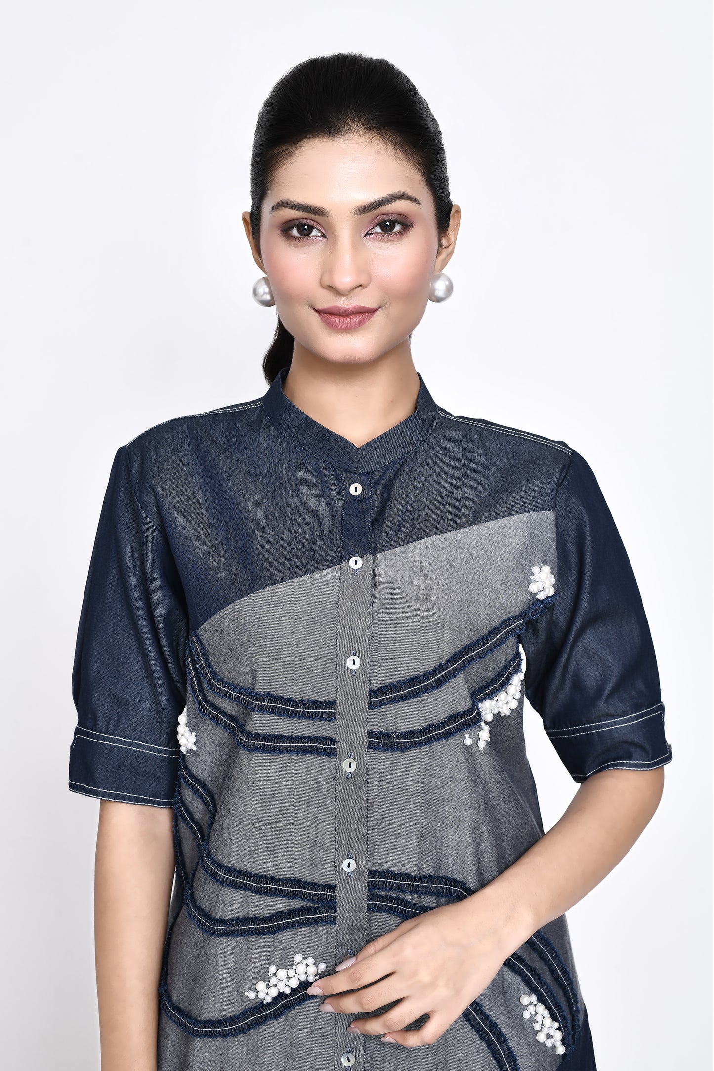 Denim Panelled Embellished Dress