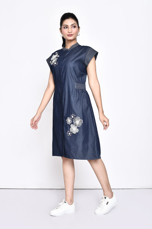 Denim Dress with Floral Embellishment