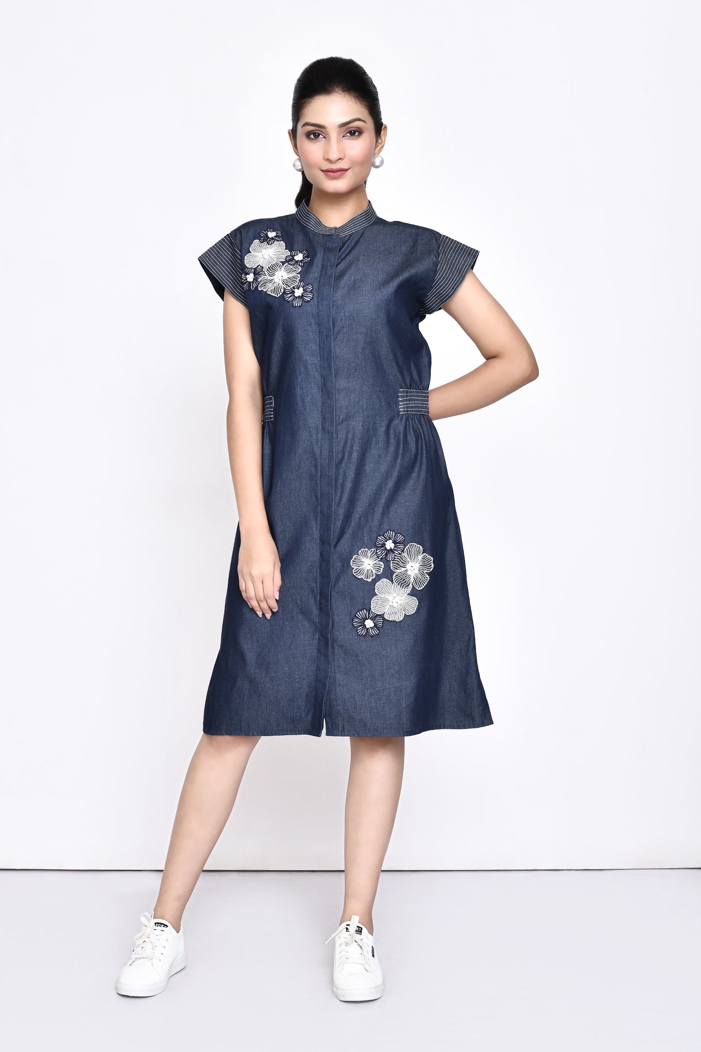 Denim Dress with Floral Embellishment