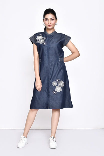 Denim Dress with Floral Embellishment