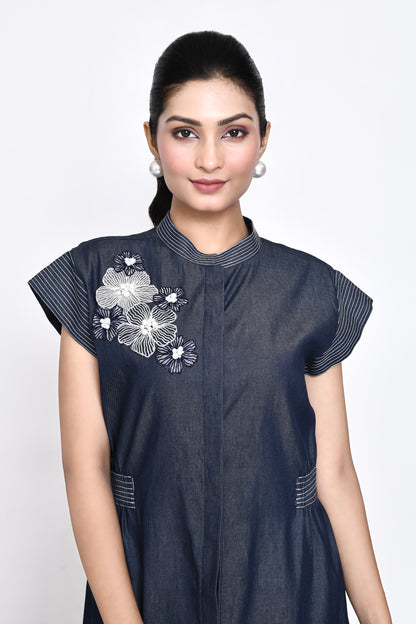 Denim Dress with Floral Embellishment