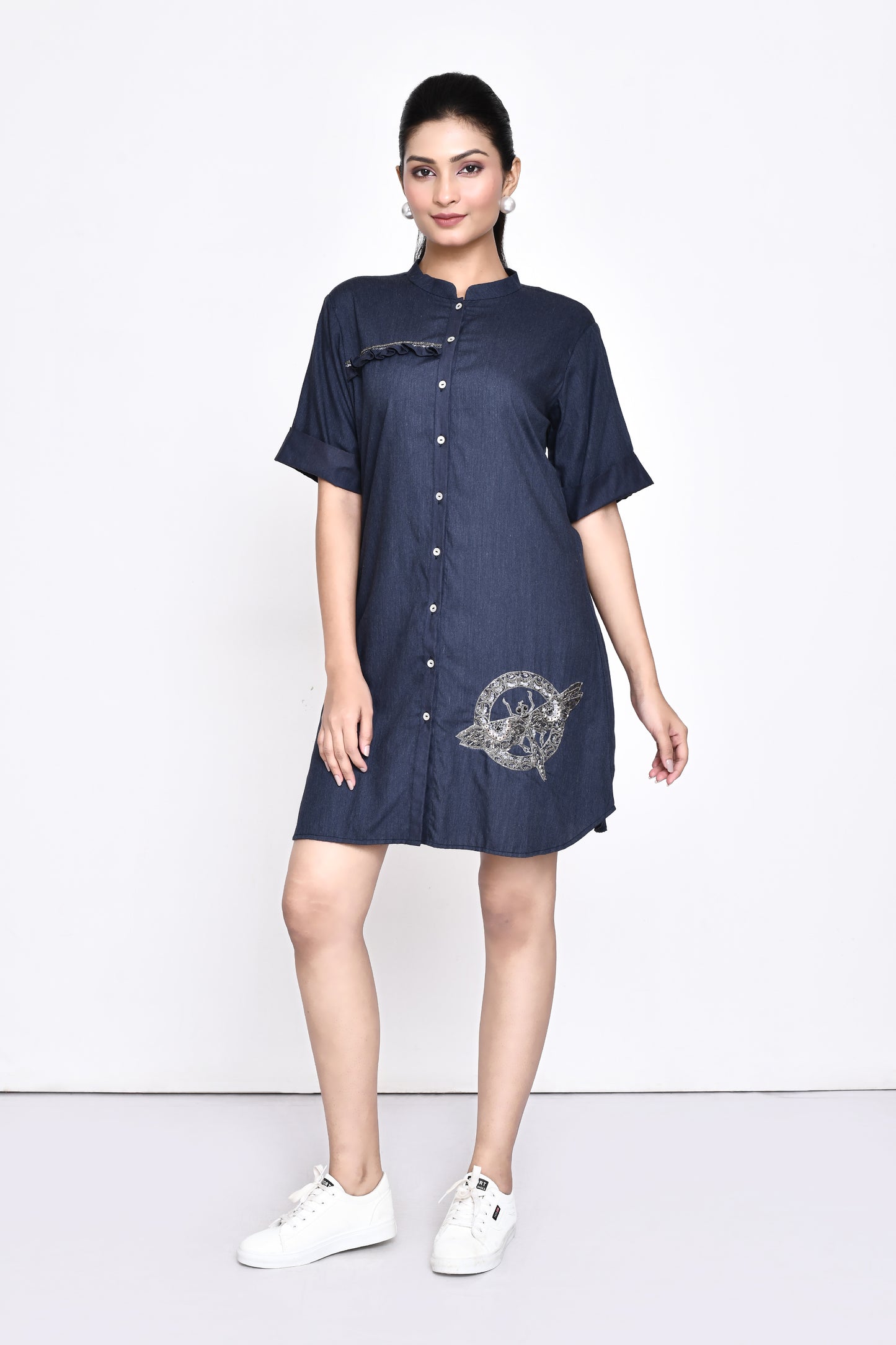 Denim Shirt Dress with Dragonfly Embellishment
