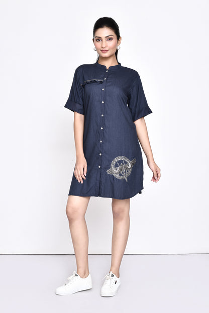 Denim Shirt Dress with Dragonfly Embellishment