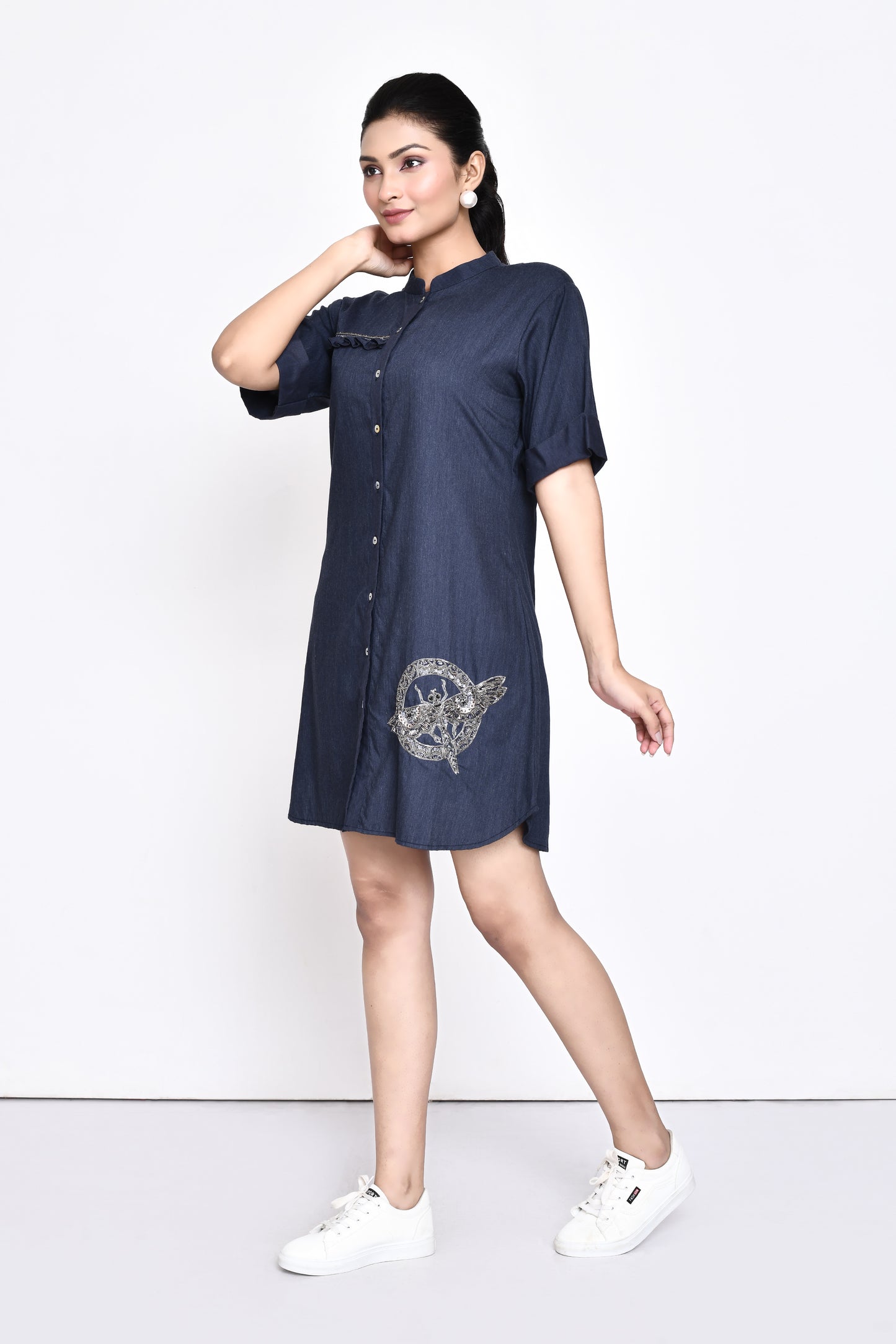 Denim Shirt Dress with Dragonfly Embellishment