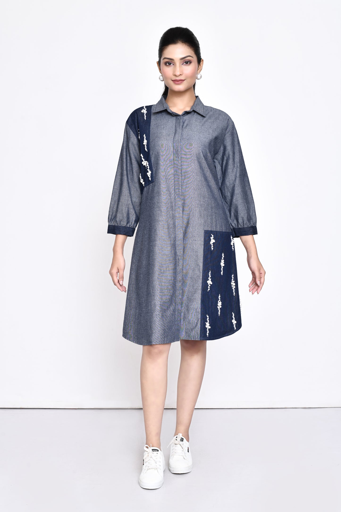 Denim Two Toned Embellished Shirt Dress
