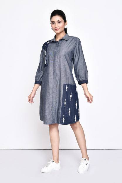 Denim Two Toned Embellished Shirt Dress