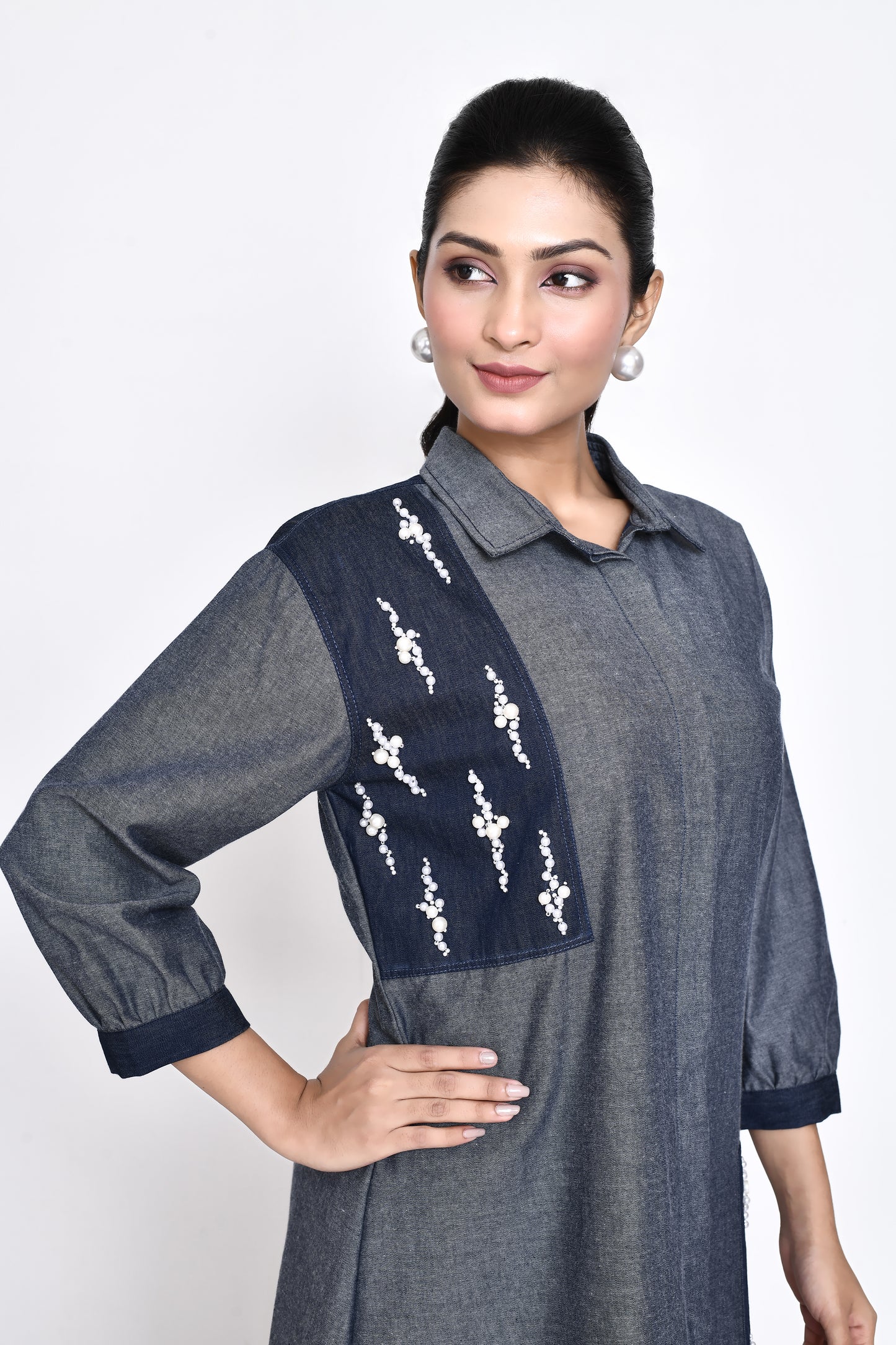 Denim Two Toned Embellished Shirt Dress