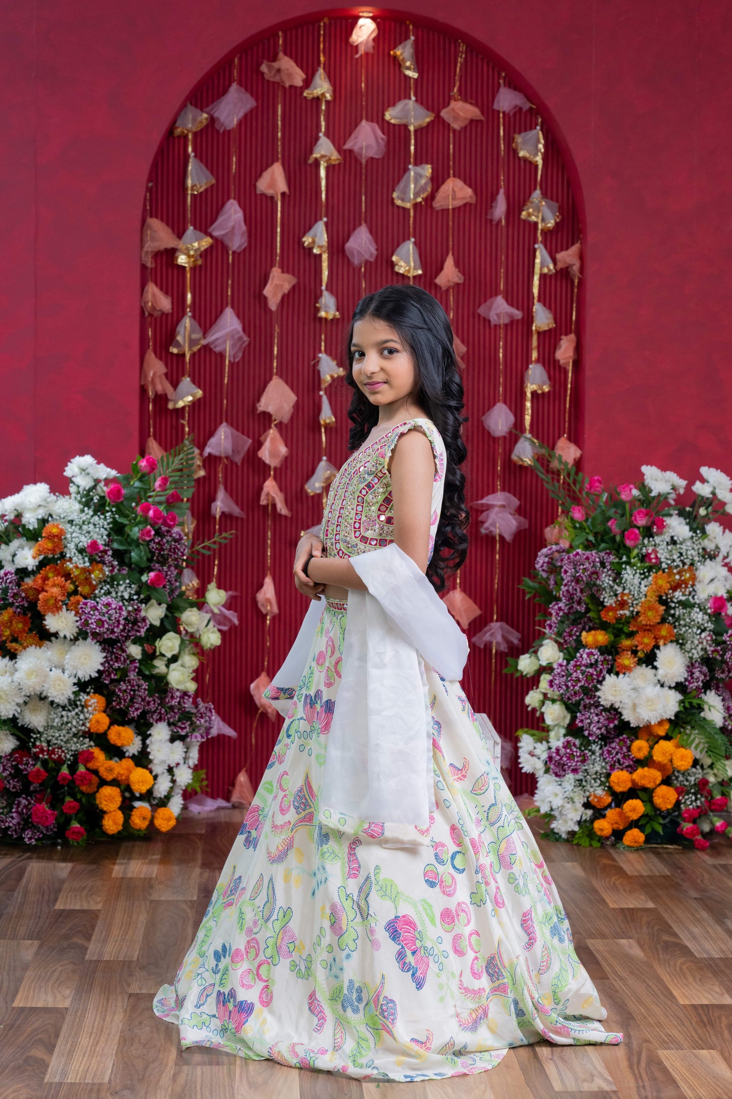 Embroidered Mirror Work Blouse and Floral Lehenga Set with Sheer Dupatta – Perfect for Weddings, Festivals, and Parties