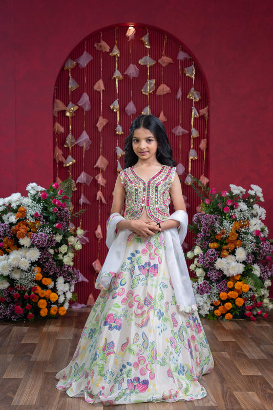 Embroidered Mirror Work Blouse and Floral Lehenga Set with Sheer Dupatta – Perfect for Weddings, Festivals, and Parties
