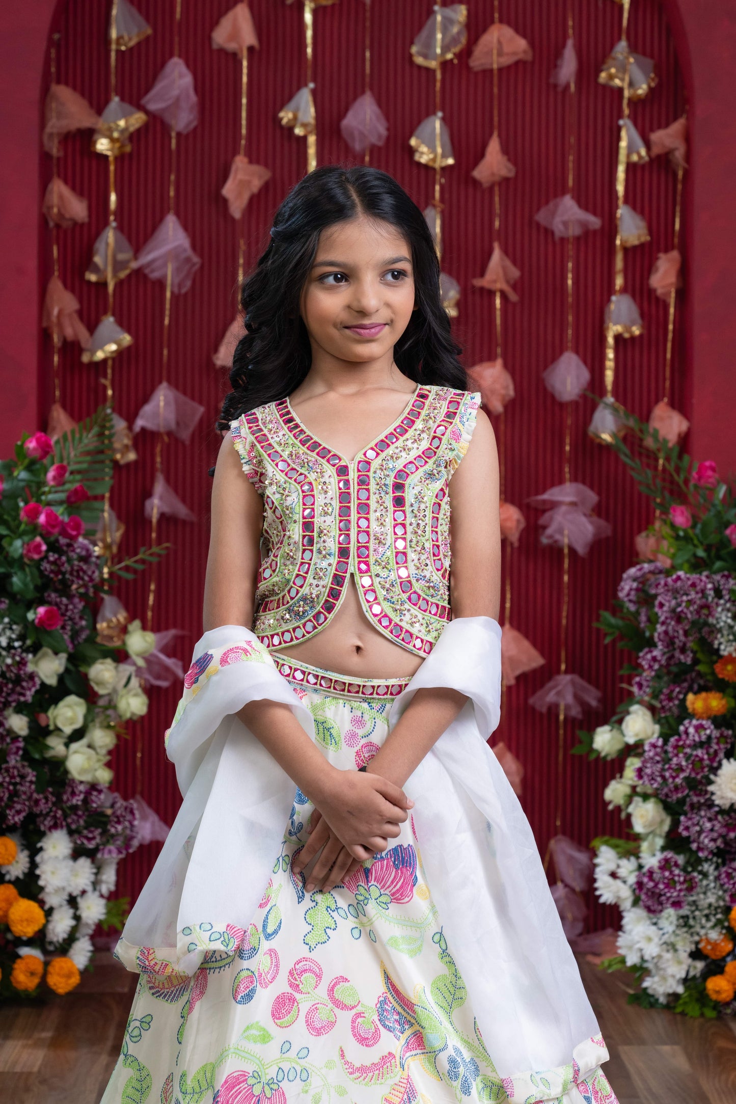 Embroidered Mirror Work Blouse and Floral Lehenga Set with Sheer Dupatta – Perfect for Weddings, Festivals, and Parties