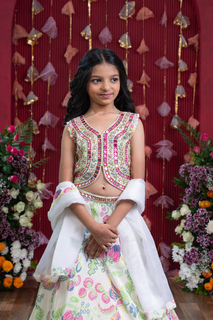 Embroidered Mirror Work Blouse and Floral Lehenga Set with Sheer Dupatta – Perfect for Weddings, Festivals, and Parties