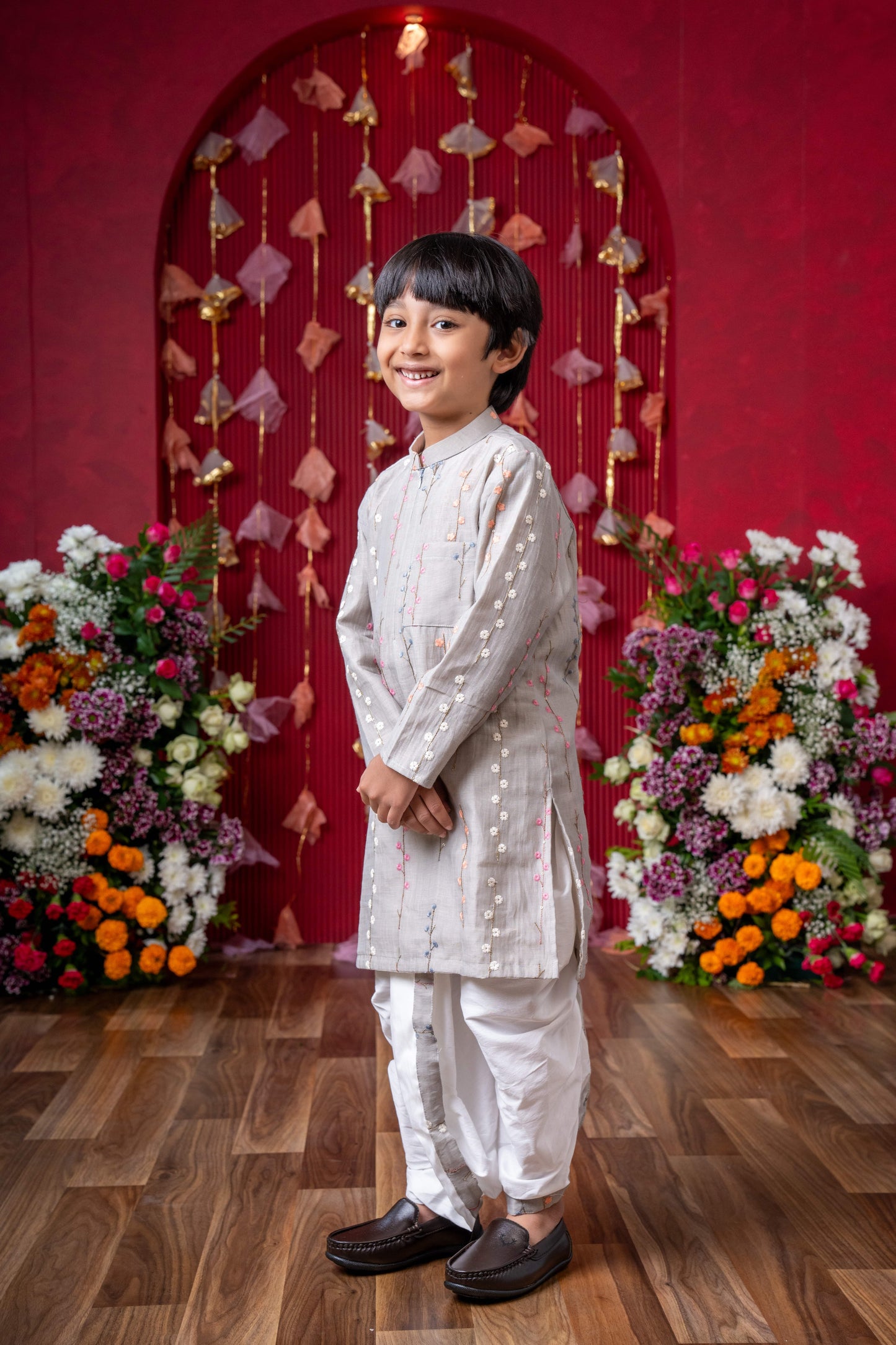 Grey Chanderi Silk Thread Embroidered  Kurta Set for Boys