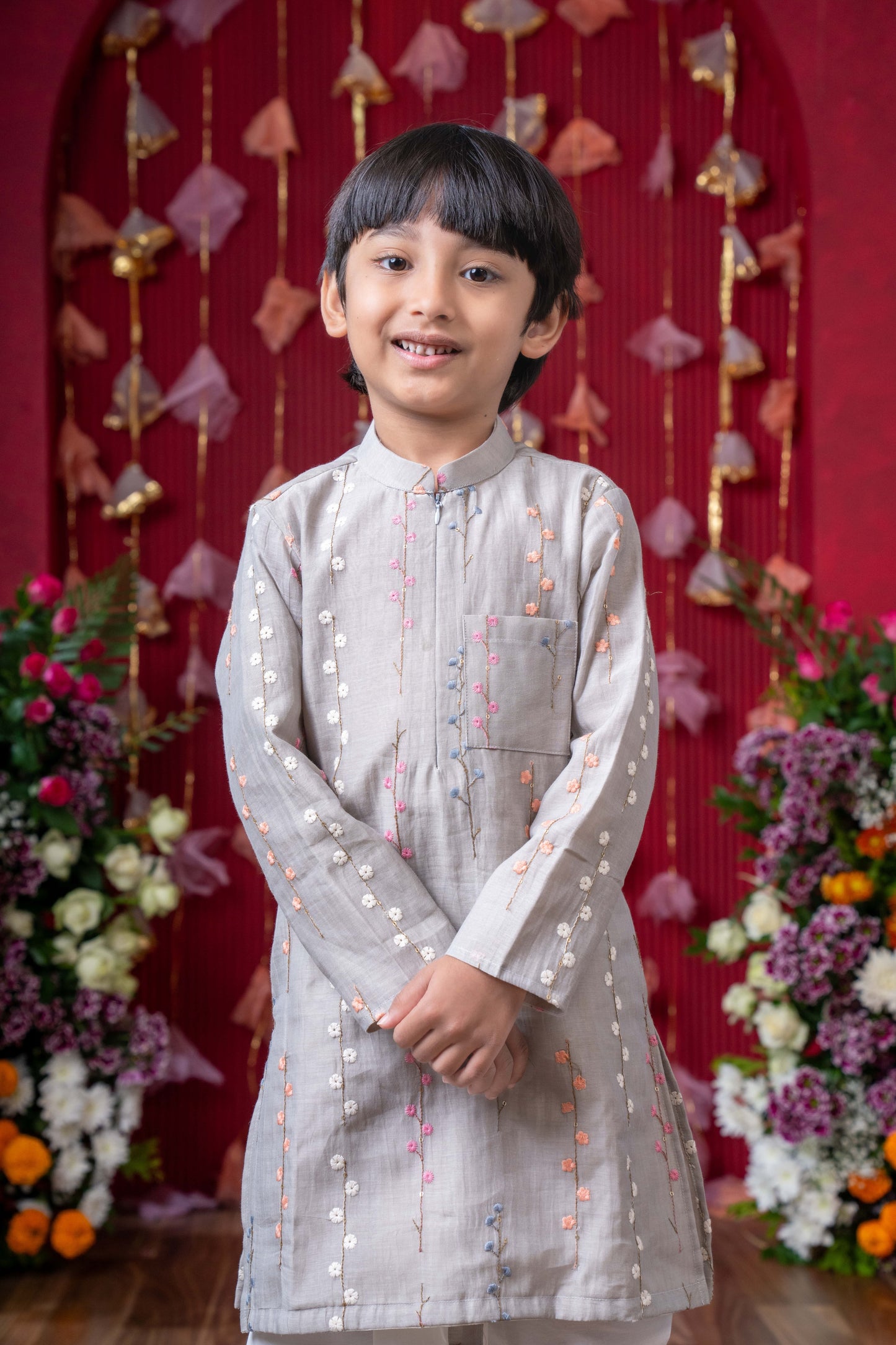 Grey Chanderi Silk Thread Embroidered  Kurta Set for Boys