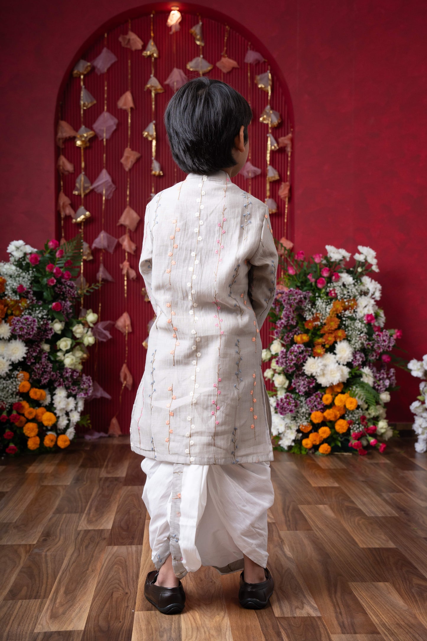 Grey Chanderi Silk Thread Embroidered  Kurta Set for Boys
