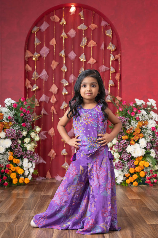 Purple Crepe Printed Floral Embroidered Palazzo Pant Set For Girls