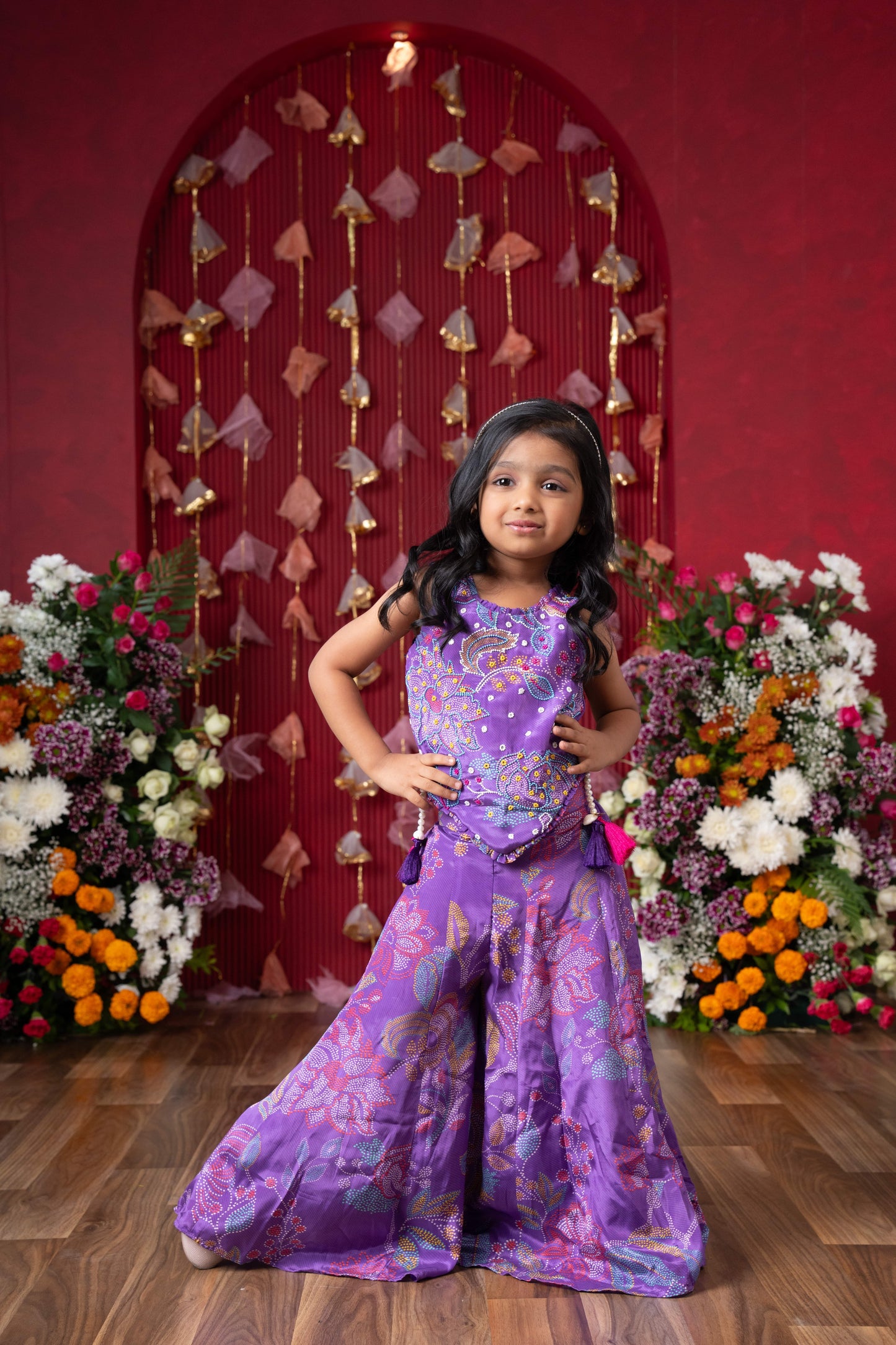 Purple Crepe Printed Floral Embroidered Palazzo Pant Set For Girls