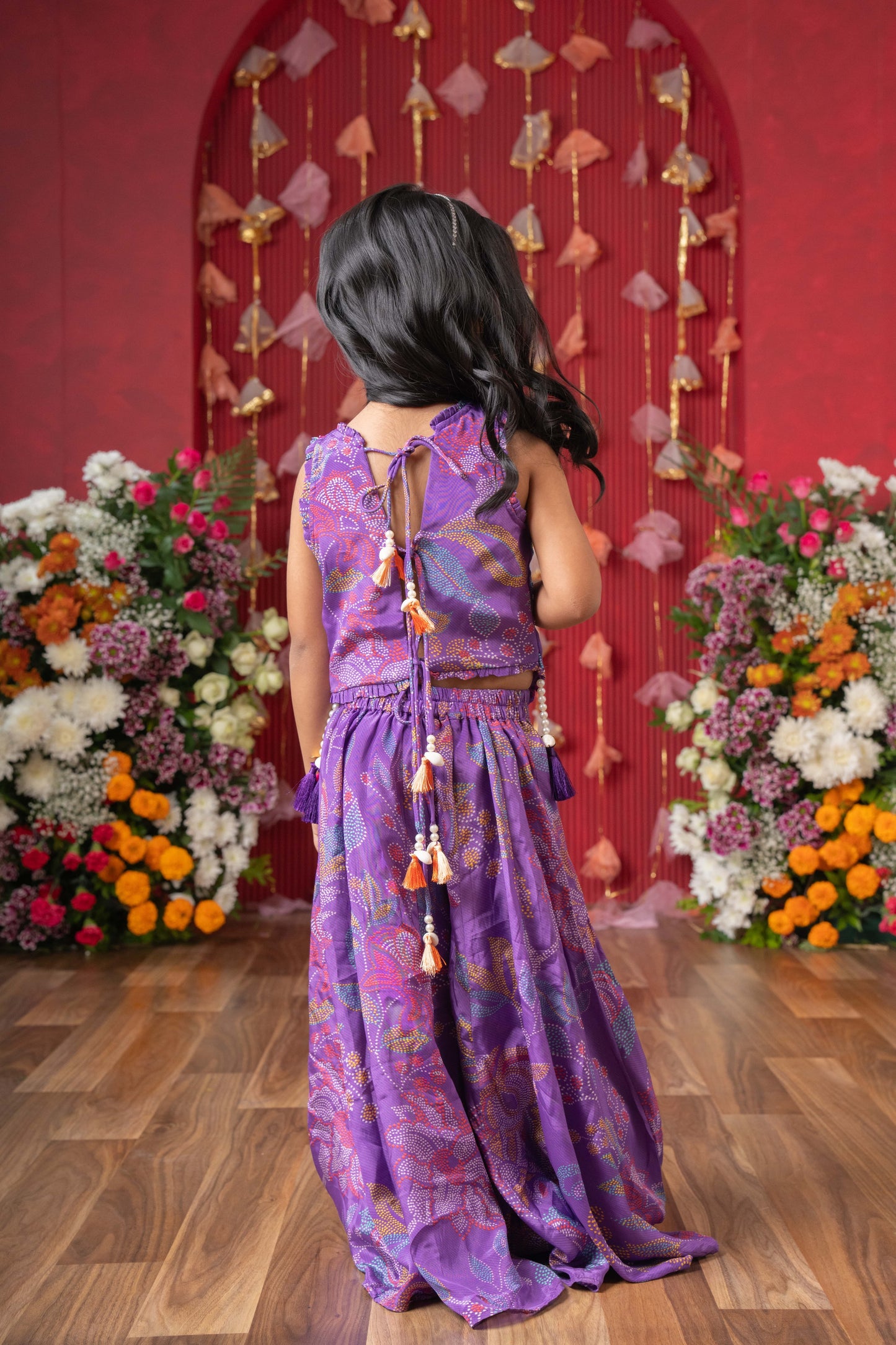 Purple Crepe Printed Floral Embroidered Palazzo Pant Set For Girls