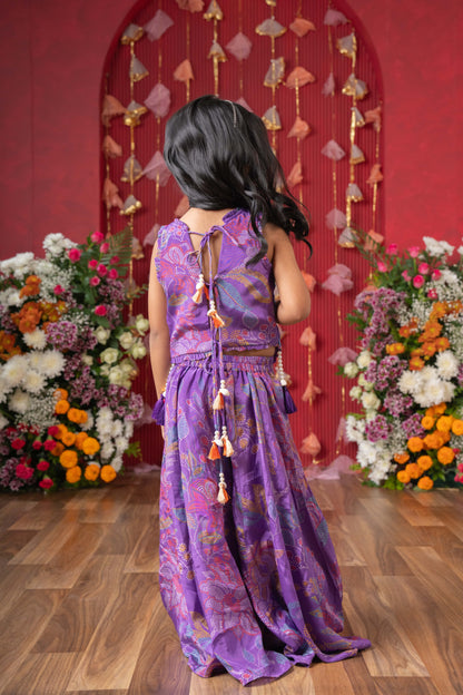 Purple Crepe Printed Floral Embroidered Palazzo Pant Set For Girls