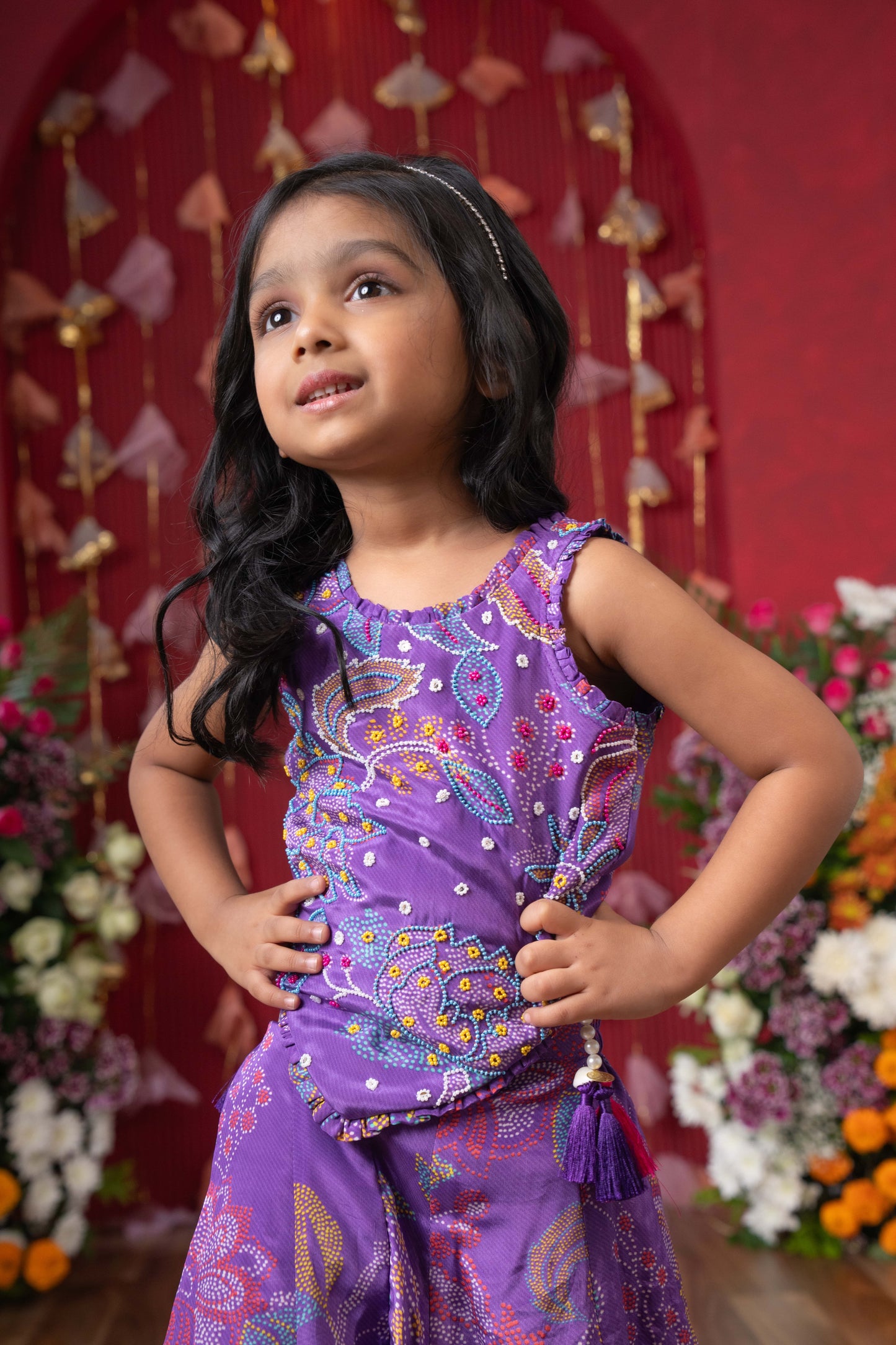 Purple Crepe Printed Floral Embroidered Palazzo Pant Set For Girls
