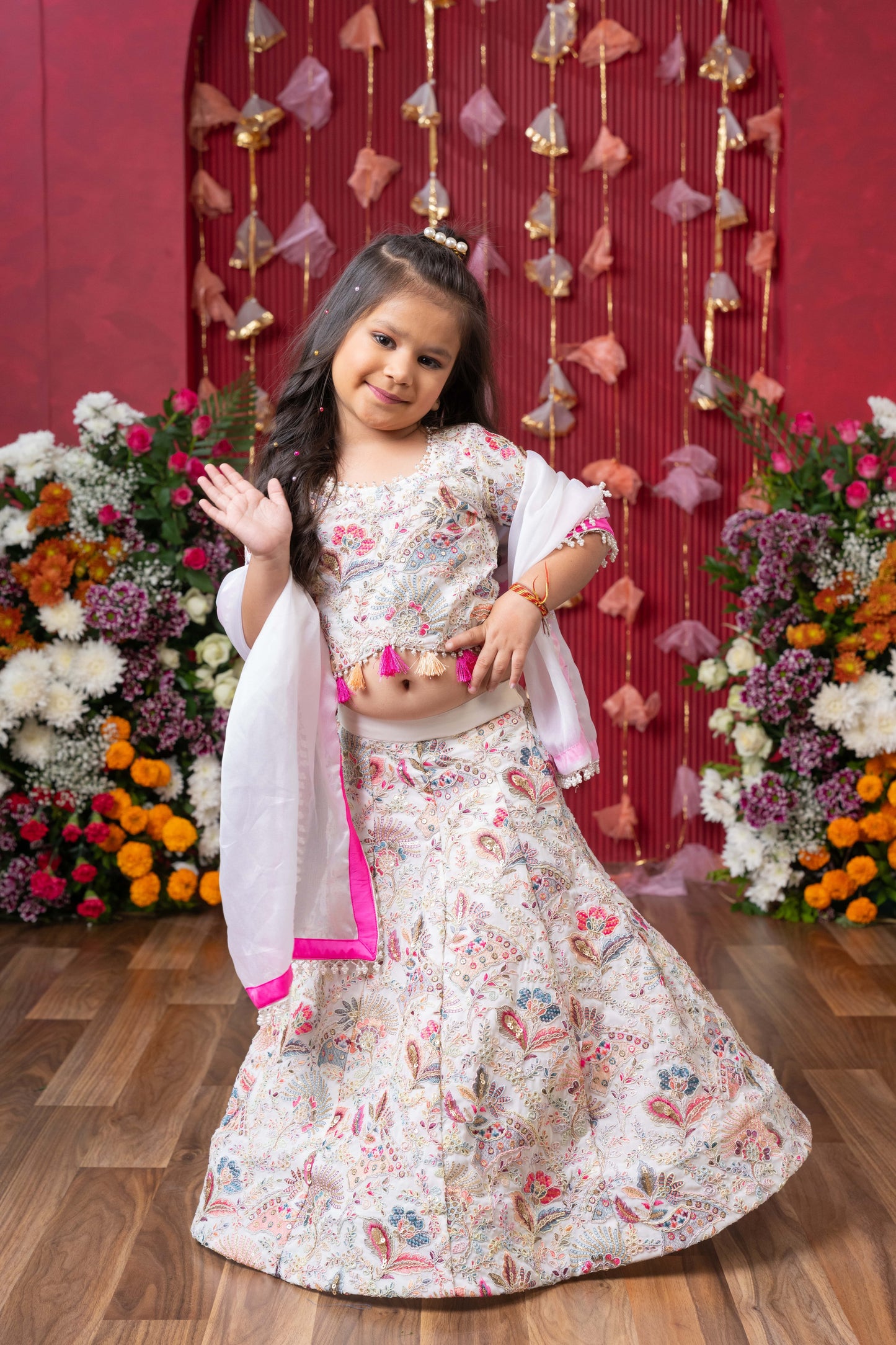 Graceful Glamour: A stunning embroidered lehenga set for your little one's festive sparkle!