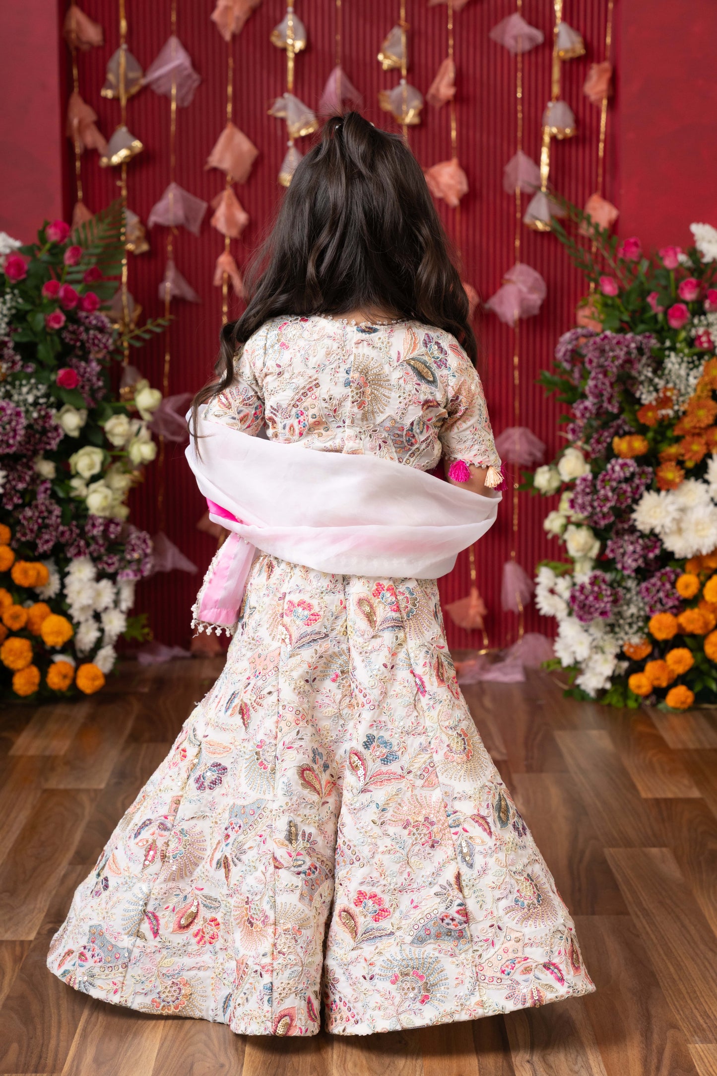 Graceful Glamour: A stunning embroidered lehenga set for your little one's festive sparkle!