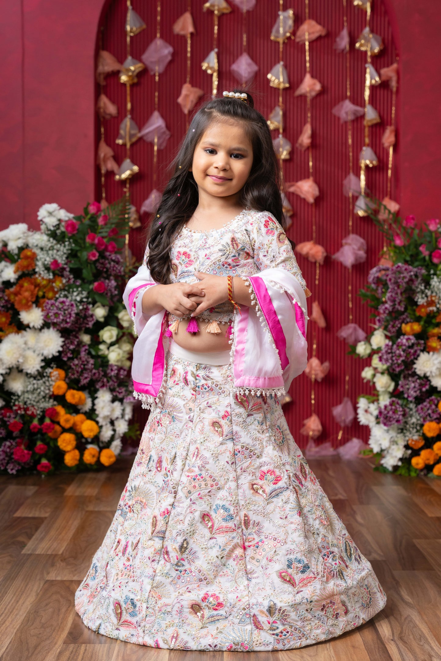 Graceful Glamour: A stunning embroidered lehenga set for your little one's festive sparkle!