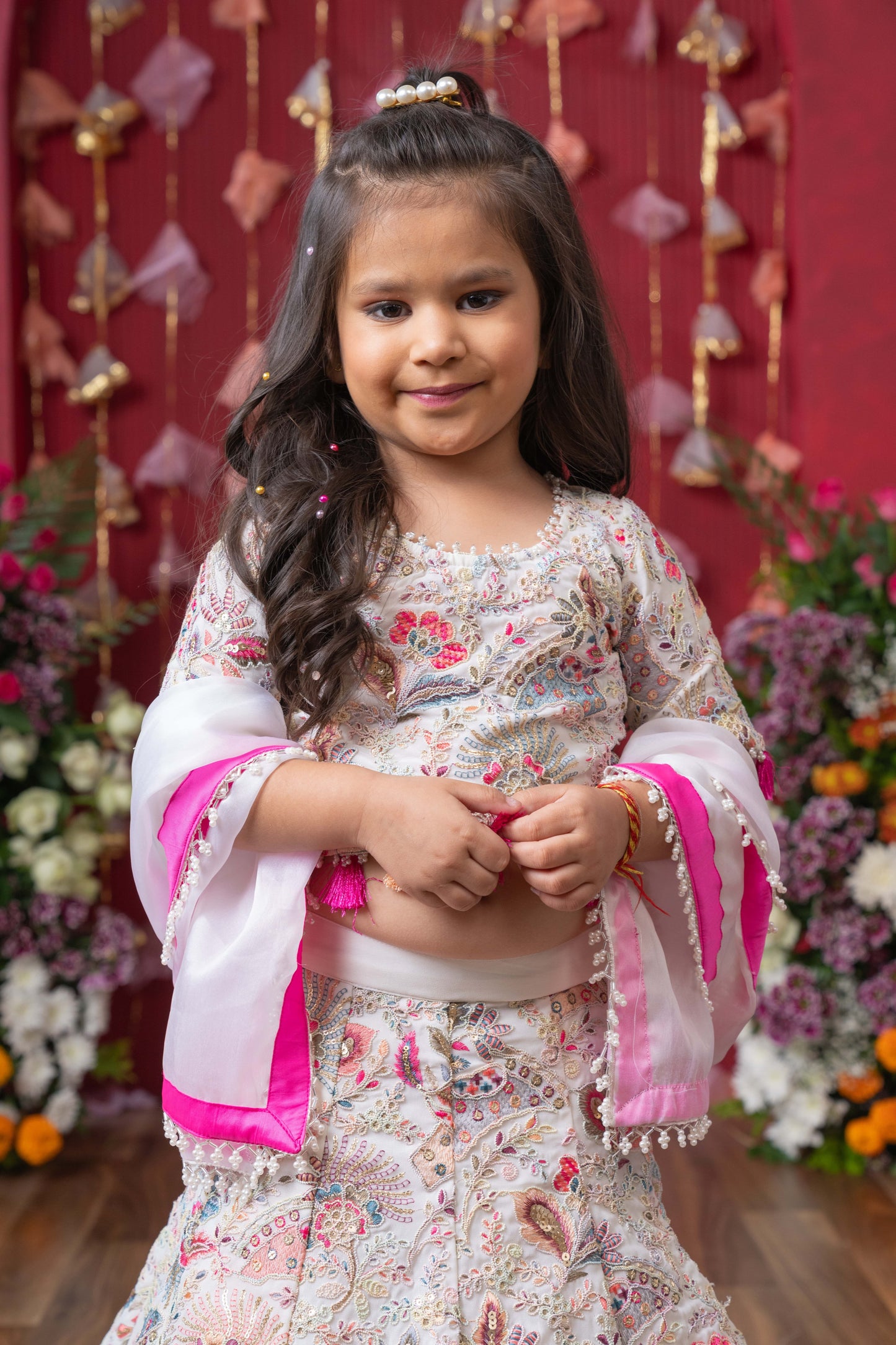 Graceful Glamour: A stunning embroidered lehenga set for your little one's festive sparkle!