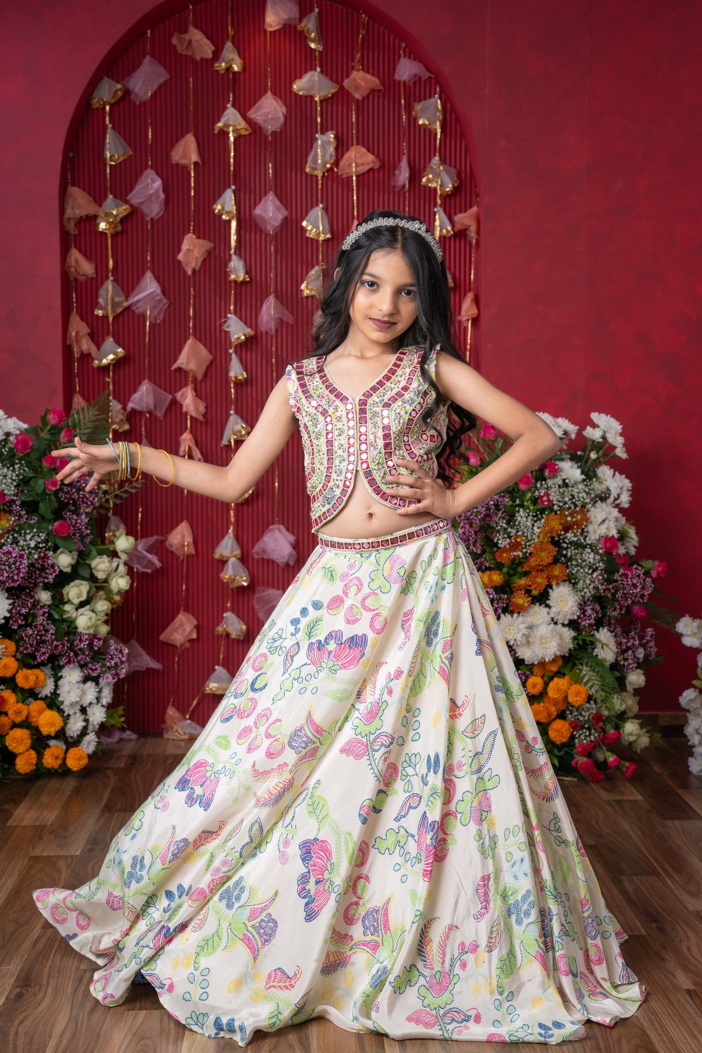 Embroidered Mirror Work Blouse and Floral Lehenga Set with Sheer Dupatta – Perfect for Weddings, Festivals, and Parties
