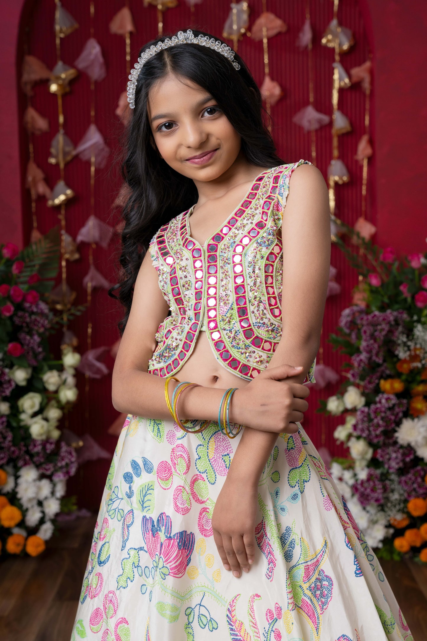 Embroidered Mirror Work Blouse and Floral Lehenga Set with Sheer Dupatta – Perfect for Weddings, Festivals, and Parties