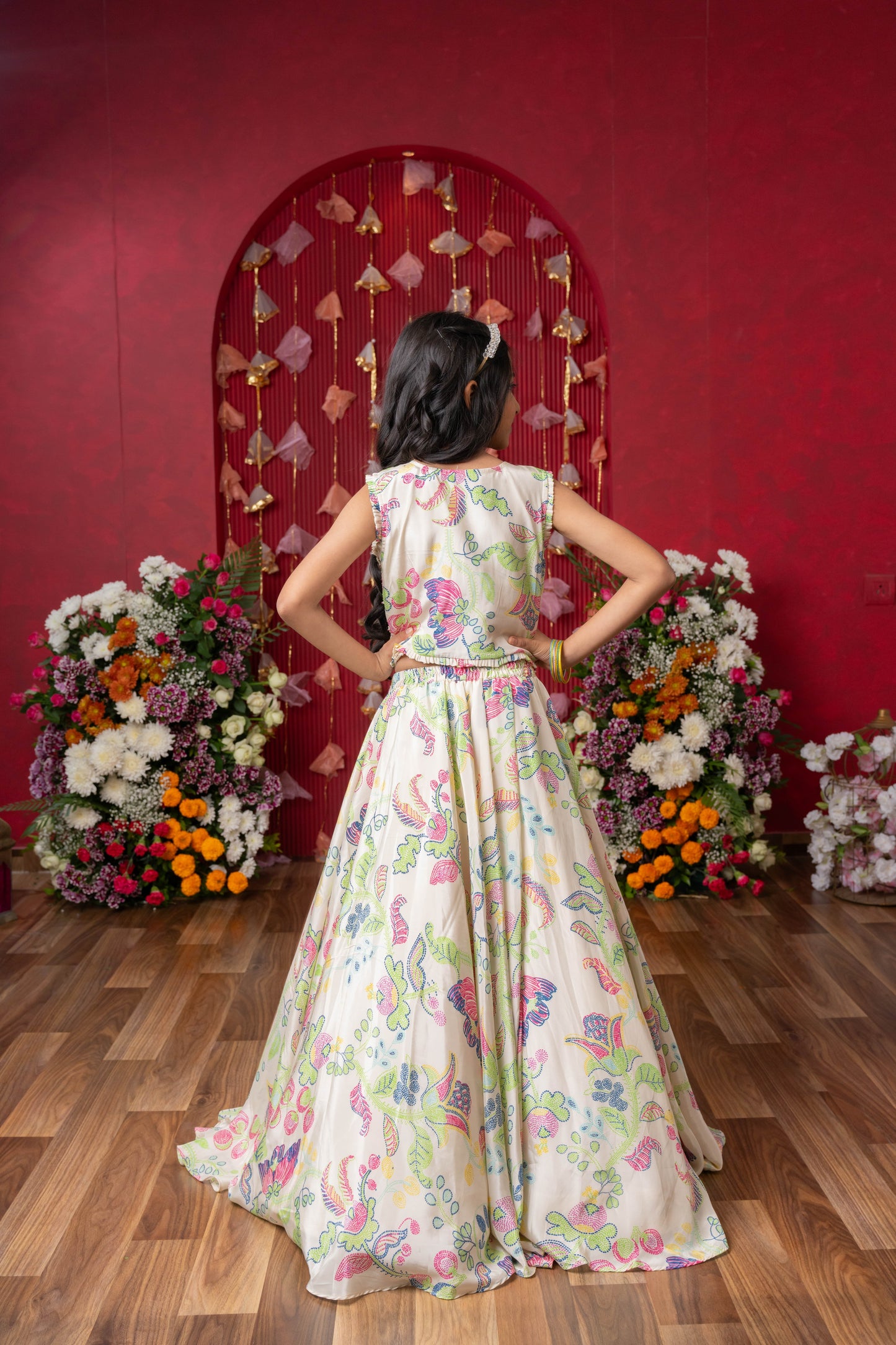 Embroidered Mirror Work Blouse and Floral Lehenga Set with Sheer Dupatta – Perfect for Weddings, Festivals, and Parties