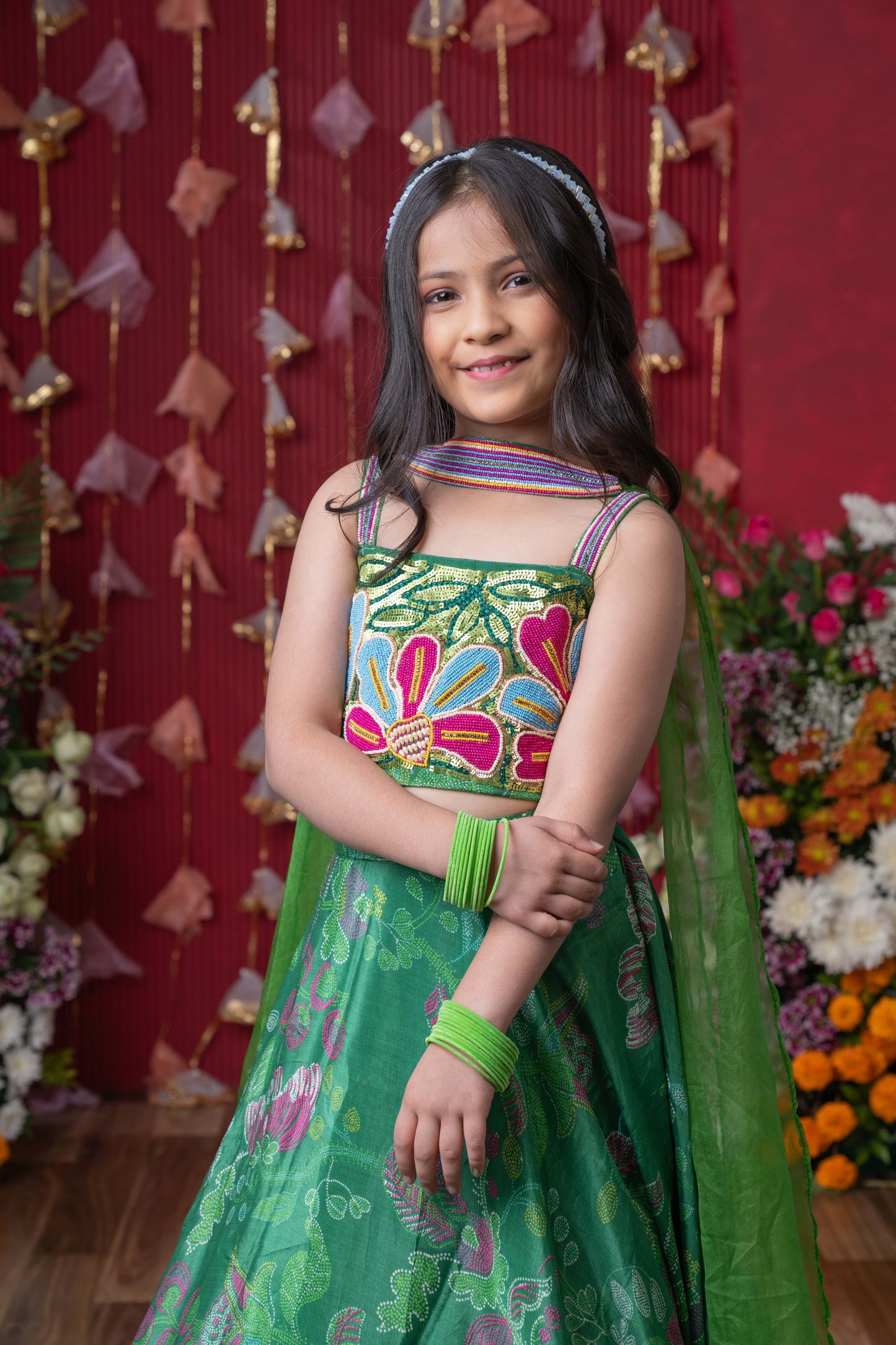 Vibrant Green Crepe Embroidered Lehenga Set For Girls