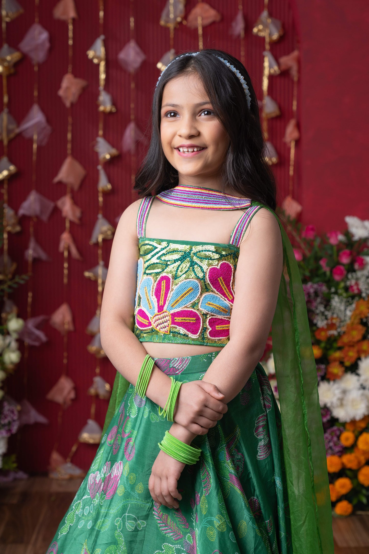 Vibrant Green Crepe Embroidered Lehenga Set For Girls