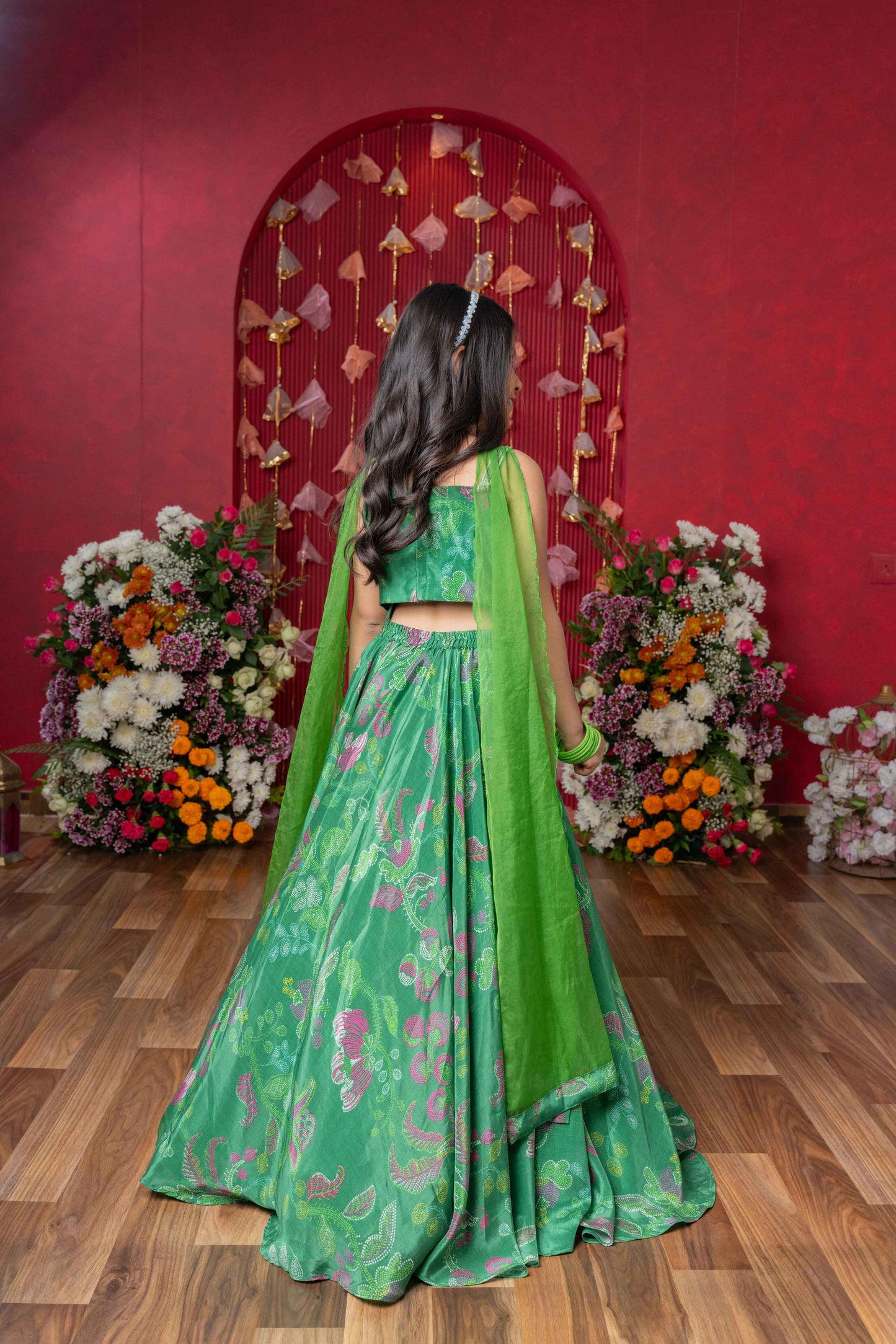 Vibrant Green Crepe Embroidered Lehenga Set For Girls